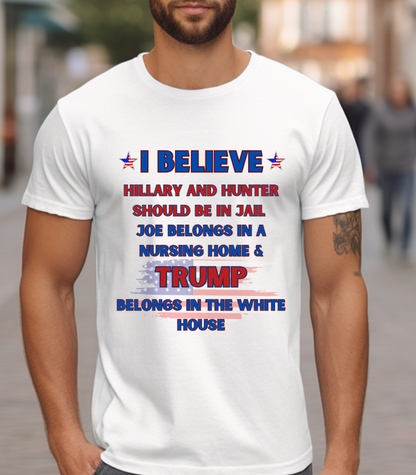 Joe in a nursing home Trump in the White House Bella + Canvas 3001 Unisex T-Shirt Front Print Black or White