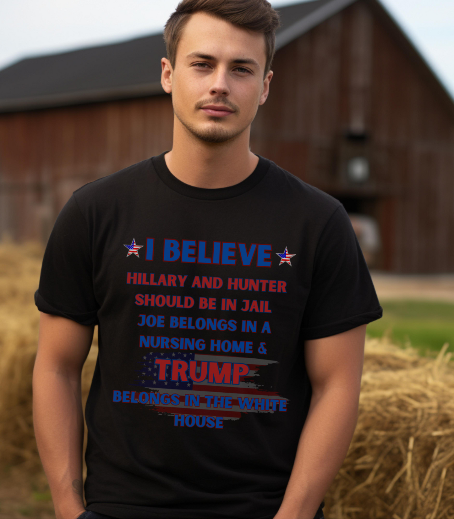 Joe in a nursing home Trump in the White House Bella + Canvas 3001 Unisex T-Shirt Front Print Black or White